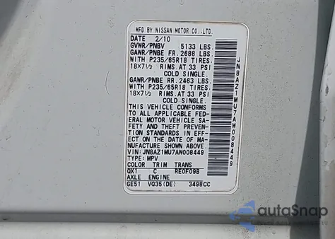 2010 Nissan Murano S из США, поврежденный, VIN JN8AZ1MU7AW008449